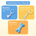 3-piece dog chew toy set featuring a blue star, yellow ring, and bone with cotton ropes - 3-Piece Teething Relief Dental Sticks