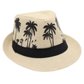 Detail of tropical palm tree embroidery and black ribbon on a beige straw fedora hat - One Size / Beige
