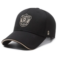 Black baseball cap with shield embroidery and beige brim trim on white background - Black with Gold Embroidery