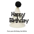 Witte verjaardagsmuts van vliesstof met zwarte pompon en Happy Birthday tekstprint - Pom-pom Verjaardagshoed - Wit