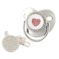 Close-up of baby pacifier set featuring sparkling pink rhinestone heart and silver crown - Silver White Heart