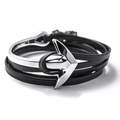 Close-up of multi-layer black braided leather bracelet with silver metal anchor clasp - Silver Black