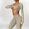 Y2K khaki yoga set featuring long sleeve sports top and slim fit high elastic leggings - S / Camel