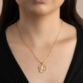 Gold plated goddess necklace with square lion pendant shown on a model neck - Square Chimera