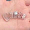 Pink and nude press-on nails with square rhinestones, gold lines and black polka dots - By1640 National Beauty And Heavenly Fragrance / Glue Type