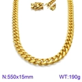 Men's hip hop gold stainless steel cuban link necklace with rhinestones, 550x15mm size - Gold Cuban Link Necklace Lobster Clasp 550x15mm(KN93838-Z)
