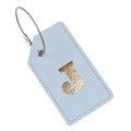 Light blue PU leather luggage tag with gold letter J and steel wire cable loop - Light Blue J
