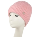Winter thick pink knit beanie for women with plush lining and silver M metal plate - Adult / Pink