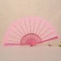 Pink lace folding fan with decorative carved plastic frame and metal hanging ring - Pink