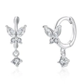 Sterling silver butterfly hoop earrings with sparkling cubic zirconia pendant charms - White Zircon Style / Platinum White Rhinestone