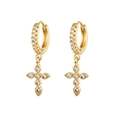 Elegant gold cross drop earrings encrusted with sparkling white cubic zirconia - W80056-gg / 24K