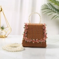 Brown woven straw mini bag with pearl handles and pink embroidered flower details - Pearl Chain / Dark Khaki