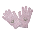 Detail of pink knitted mohair gloves featuring green V-shaped embroidery and ribbed cuffs - One Size / Brown