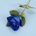 Single velvet artificial rose flower in royal blue finish with green leaves - Blue