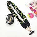 Adjustable wide phone strap with geometric pattern, black coin purse and gold metal hooks - Green Beige Diamond Strap With Pouch And Tab