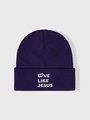 Detailed close-up of purple ribbed beanie with white Love Like Jesus embroidery - One Size / Purple