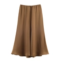 Elegant high-waist satin midi skirt in brown with a smooth silk texture and drape - XS / Camel
