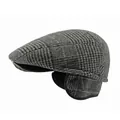 Grey plaid wool newsboy cap with earflaps and warm lining for winter season - L (58-60cm) / Dark Gray