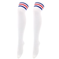 Close-up of white thigh high socks with red and blue stripes and knitted texture - One Size / White with Red and Blue Stripes