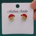 Christmas stud earrings featuring red rhinestone hat and white pearl wreath design - Santa Rhinestone Pearl (A-1462)