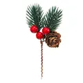Artificial Christmas berry pick with green pine needles and a natural brown pine cone - Red Pine Branch with Single Cone