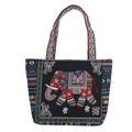 Ethnic style black canvas tote bag with colorful elephant embroidery and woven handles - Black Plush Elephant