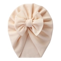 Beige ribbed knit baby turban hat with a large decorative bow on a white background - Beige