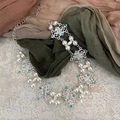 Vintage Y2K choker necklace with silver metal, white pearls, and blue crystal accents - Opal Necklace X3691B