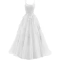Elegant white A-line prom dress with spaghetti straps and floral lace appliques - Bottoms / White / US size 2
