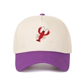 Detail of red lobster embroidery on a beige and purple contrast cotton baseball cap - Purple
