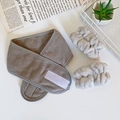 Microfiber yoga headband and wristbands set for face washing shown in a lifestyle setting - Grey Set (1 Headband + 2 Wristbands)