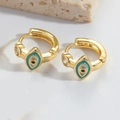 Golden evil eye hoop earrings with blue enamel and cubic zirconia on white stone - Lake Blue
