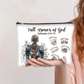 Detail view of white canvas makeup bag with Full Armor of God print and metal zipper - Full Armor of God Faith Style (jiayingpbb076)