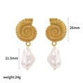 Detail view of gold shell earrings featuring baroque pearls with size measurements - Retro Spiral Shell Baroque Pearl Style(TE60251)