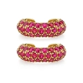 Macro shot of gold ear cuffs with pavé set micro ruby zircons in a vintage French style - Gold Ruby