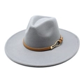 Classic gray wide brim wool fedora hat with brown leather band and gold buckle - M / Light Gray