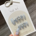 Handmade light blue gradient press-on nails with 3D crystals and snowflake decorations - L / Hazy Blue Snowflake