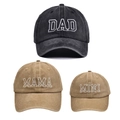 Three washed cotton parent-child baseball caps with DAD MAMA and MINI embroidery - Black DAD + Khaki MAMA + Khaki MINI