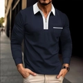 Men's navy long sleeve polo shirt with white zipper contrast and chest pocket - Navy and White