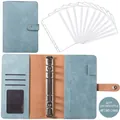 A6 vintage teal leather binder with 6 rings and clear zipper pouches for organizing bills - Retro Green Set