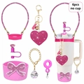 Pink 6-piece silicone accessory set with rhinestone heart charms for tumblers - Pink Dreamy 6pcs Set (No Cup)