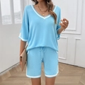 Women's blue knit loungewear set with V-neck short sleeve top and striped shorts - S / Blue