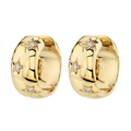 Detailed view of gold huggie earrings with engraved stars and inlaid cubic zirconia - Gold-White Zirconia