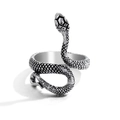 Vintage silver snake wrap open ring with detailed scale texture on white background - Antique Silver Snake Style (HZS2137-4)