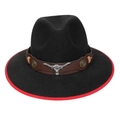Black western cowboy hat with red trim and silver bull head metal accessory - M (56-58cm) / Black (90 Series Bull Head Buckle Decor)