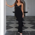 Sleeveless black Y2K maxi dress with white lace trim and slim fit silhouette - S / Black