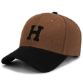 Detail of wool-like baseball cap with brown crown, black brim and embroidered H letter - Light Coffee Crown Black Brim