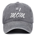 Close-up of #1 MOM white embroidery on vintage grey washed denim baseball cap - Adjustable / Gray