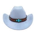 Light blue felt western cowboy hat with brown leather band and turquoise stone details - One Size / Light Blue
