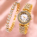 Elegant gold-tone women's watch and bracelet set with rhinestones on pink silk - Gold Watch + Bracelet